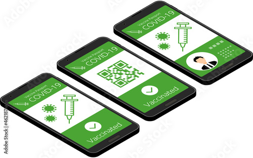 コロナワクチン接種証明アプリ、ワクチンパスポートの画面（接種済み3種）、アイソメトリック