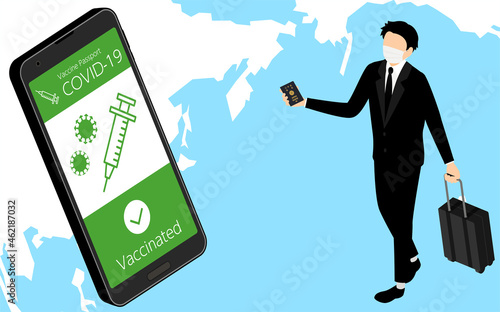ワクチンパスポートを使って海外出張するビジネスマン、アイソメトリック