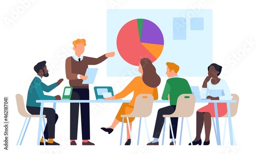 Office staff work. Corporate team brainstorming. Businessman presents project with diagrams to colleagues. Collective thinking. People sit at table and discussing job. Vector teamwork