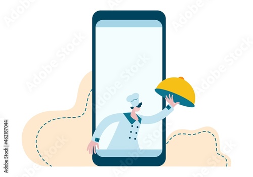 Online food delivery. Ordering via device and app. Direct online delivery concept, 24-hour cafe or restaurant. 