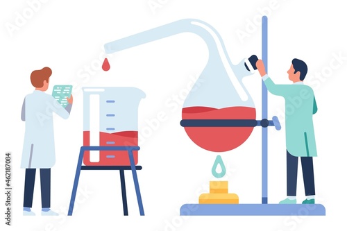 Scientist working. Chemist experience and new vaccine development. Researcher mixes reagents in pharmacy lab. People with laboratory burner and test tubes. Vector scientific experiment