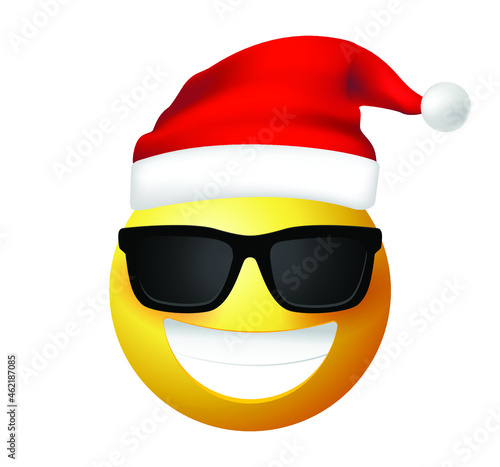 High quality emoticon with sunglasses. Santa Claus Emoji vector. Smiling Face with Sunglasses vector. Yellow face with broad smile wearing black sunglasses. Sunglasses emoji.