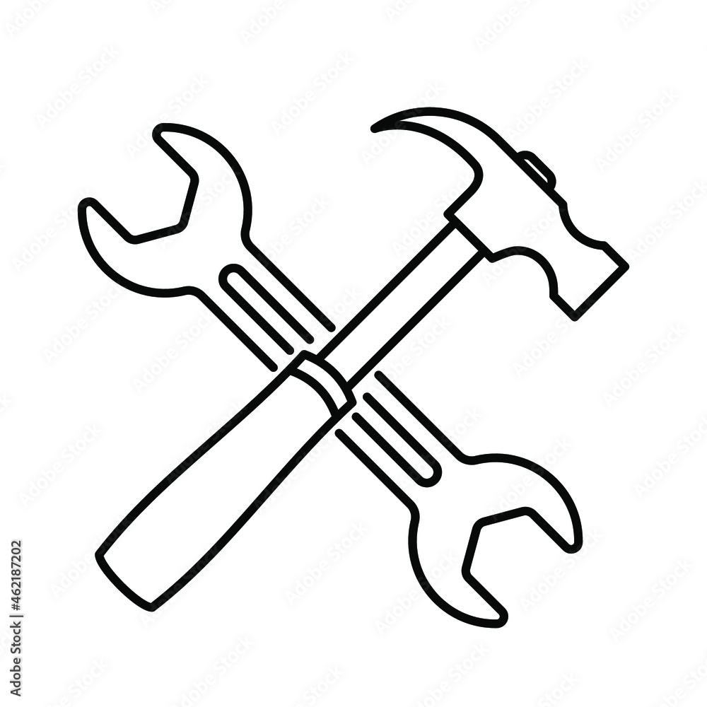 Repair tools icon. Crossed tool icon. Hammer and wrench. Vector illustration. Repair tools icon. Crossed tool icon. Hammer and wrench. Vector illustration.