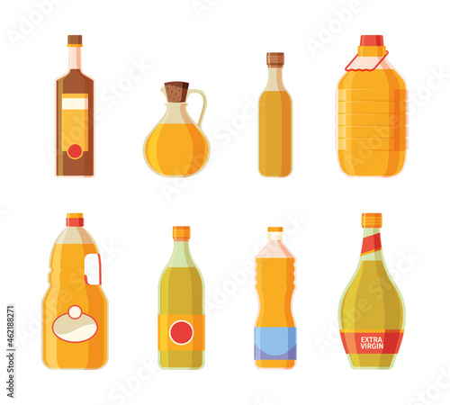 Oil bottles. Yellow ingredients for preparing food cooking products garish vector oil illustrations