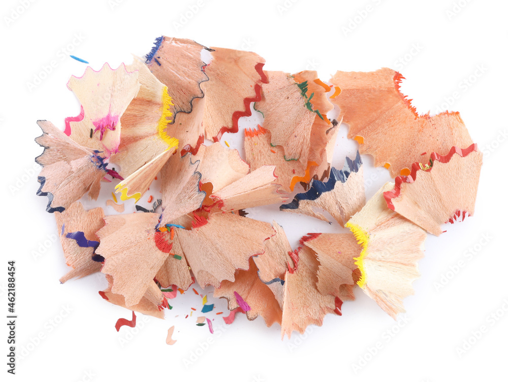 Pile of colorful pencil shavings on white background, top view Pile of colorful pencil shavings on white background, top view