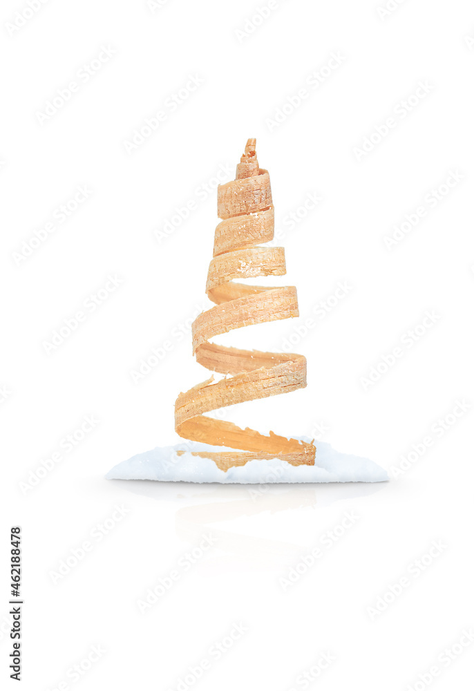 Christmas tree in a snowdrift on a white background with shadow and reflection Christmas tree in a snowdrift on a white background with shadow and reflection