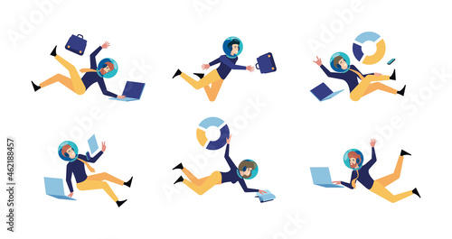 Business astronaut. Success happy persons directors managers in costumes and helmets flying and holding suitcase garish vector corporate characters