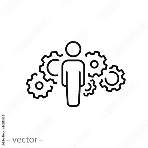 soft skills icon, man with cogwheel mechanism, team work ability, capability or expertise employee, process business organization concept, thin line symbol - editable stroke vector illustration