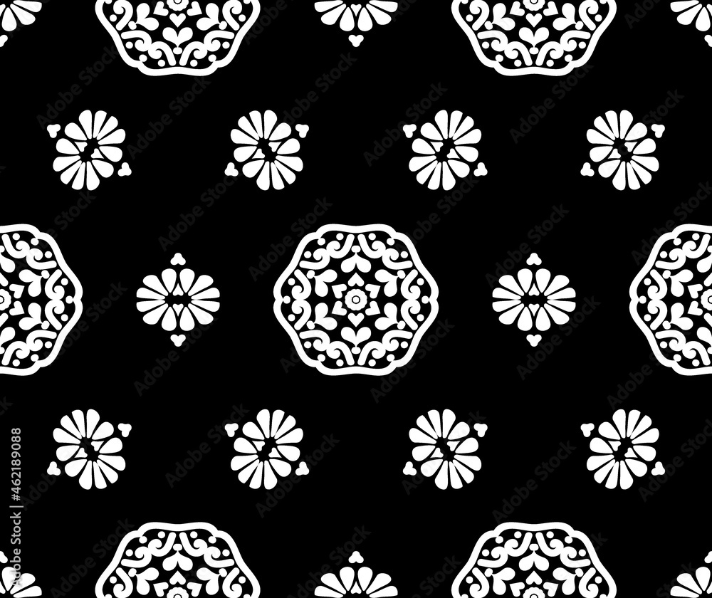 Floral seamless vector pattern. Black and white round patterns on a black background. Vintage texture for fabric, tile, wallpaper or packaging.