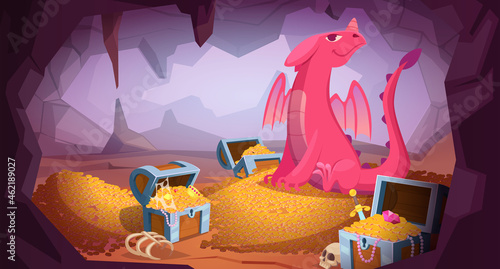 Dragon cave. Fantasy creepy beast protect jewelry fairy tale angry dragon on big stack of gem money and golden coins treasures magic exact cartoon background