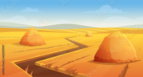 Haystack background. Rural village landscape farm wheat field with round and square stack on horizon exact vector illustration © ONYXprj