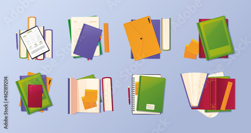 Folder top view. Books and paper covers business office supplies garish vector items fol library flat style pictures collection