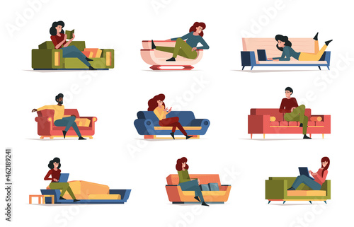 Lazy people. Relaxing persons rest on couch sleeping characters garish vector colored flat furniture illustrations
