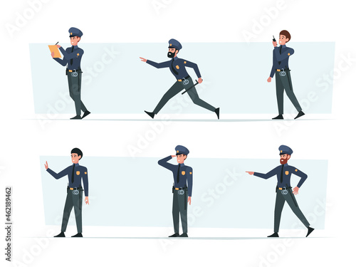 Police officers. Murders and police workers with professional stuff weapons in hands robbery garish vector flat characters