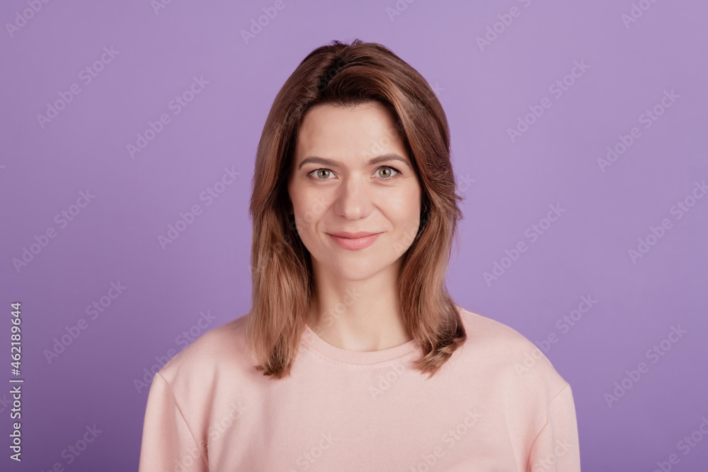 Fototapeta premium Photo of cheerful nice lady look camera wear casual shirt on violet background