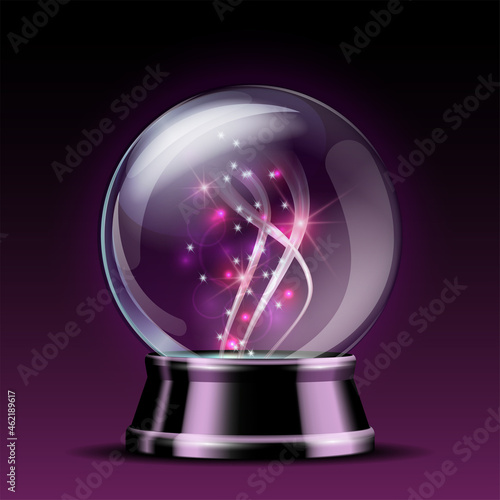Shining crystal ball on a dark background. Bright glowing crystal ball for fortune tellers.