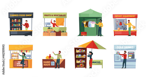 Street sellers. Outdoor marketplace urban vendors for fast product shopping cash store garish vector sellers flat illustrations