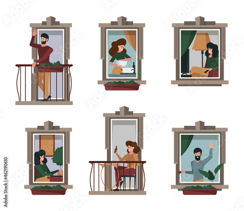 Window characters. People standing in balcony and window frames neighborhood activities talking persons appartments outdoor facade views garish vector templates