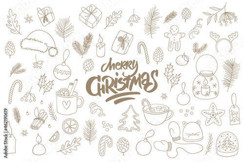 Christmas doodles collection. Set of line art sketchy drawing. Merry Christmas lettering. Isolated on white background.