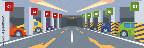 Underground parking. Urban car station modern panoramic parking on building floors garish vector flat background