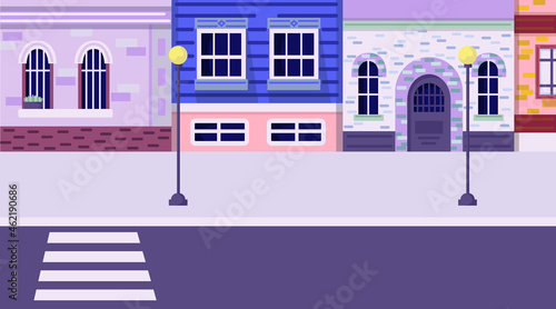 Colorful old town street with buildings, houses, street lights, road, pavement. Home facades with asphalt road in front. Vector illustration. Cartoon style. Horizontal background.