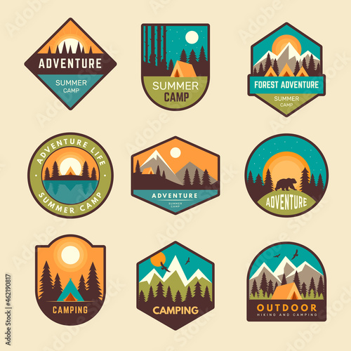 Adventure badges. Summer camp mountains forest hiking exploring scout outdoor labels hipster stickers recent vector templates set