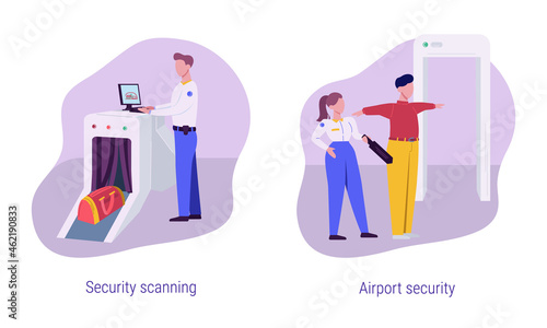 Airport security check and control before boarding plane. Scanning passenger by metal frame and officer. Man control scan machine with bag and luggage. Vector illustration. Cartoon style.