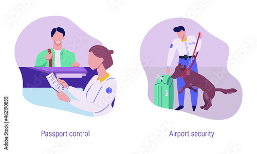 Airport security check before boarding plane. Passport control. Checking bag and luggage by dog and officer, police. Vector illustration. Cartoon style. 