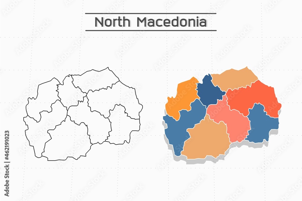North Macedonia map city vector divided by colorful outline simplicity style. Have 2 versions, black thin line version and colorful version. Both map were on the white background.