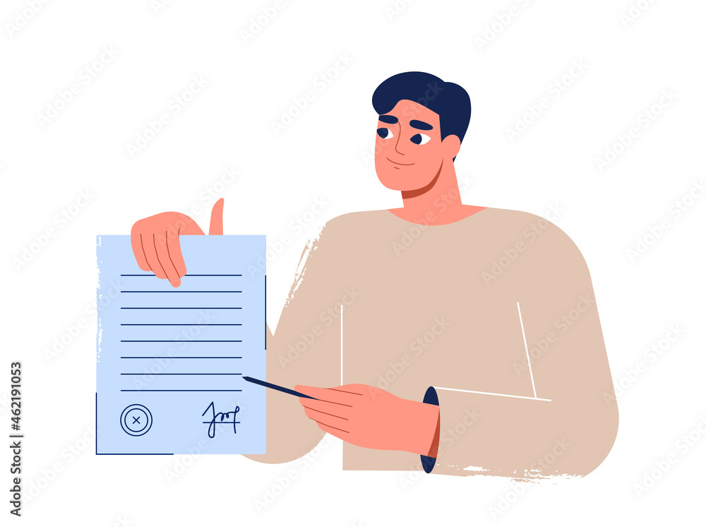 Signing document, contract, agreement. Man holding a business paper with a stamp and signature. Businessman closing a deal. Loan, mortgage approval concept. Isolated flat vector illustration