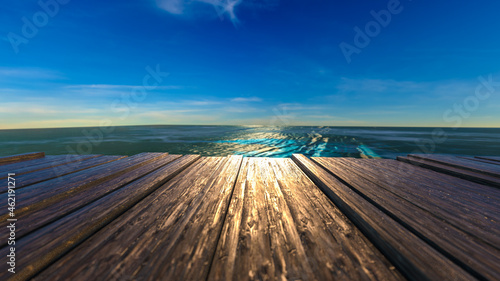 A long pier leading out onto the sea on sunset. 3d rendering