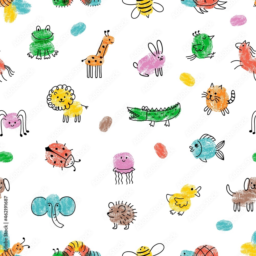 Children paint pattern. Fingerprint animals, cute drawing insect and wild  animal print. Kids doodle vector seamless texture Stock Vector | Adobe Stock