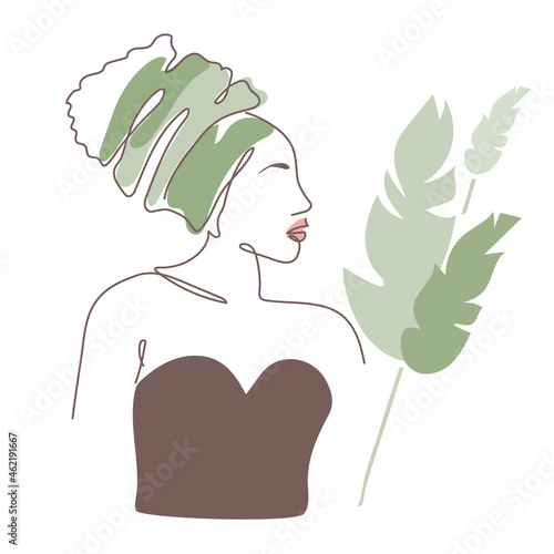 Afro woman portrait one line art African fashion turban