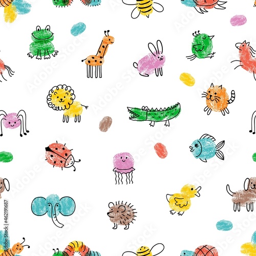 Children paint pattern. Fingerprint animals, cute drawing insect and wild animal print. Kids doodle vector seamless texture