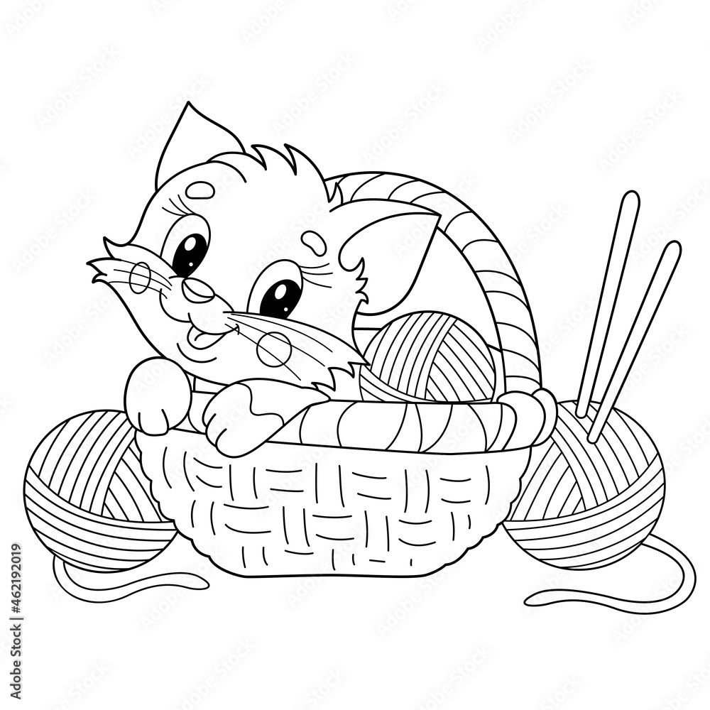Coloring Page Outline Of cartoon little cat in basket with balls of yarn. Cute kitten. Pet