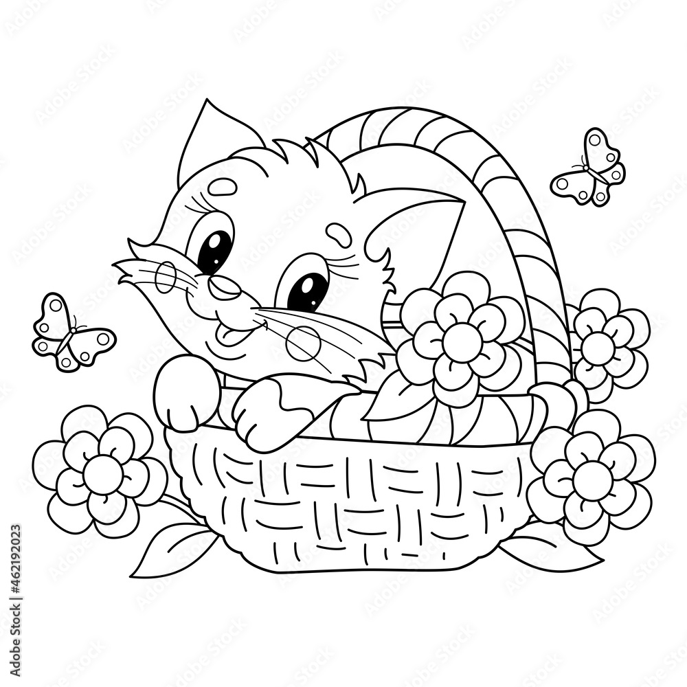 Cute coloring book with a cat in flowers Vector Image