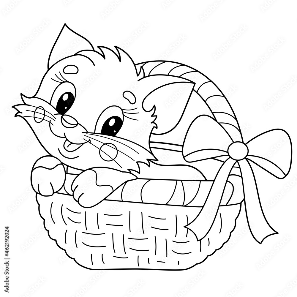 Coloring Page Outline Of cartoon little cat in presents basket. Fluffy