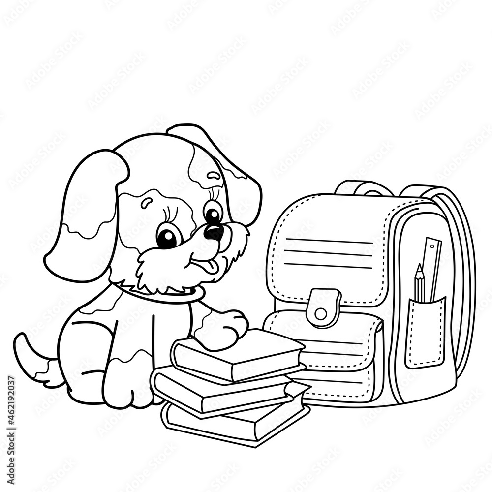 Coloring Page Outline Of cartoon little dog with school supplies