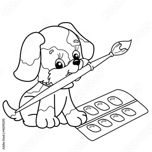 Coloring Page Outline Of cartoon little dog with brush and paints. Cute puppy artist. Pet. Coloring book for kids