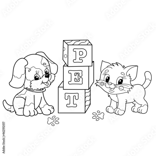 Coloring Page Outline Of cartoon little dog and cat with toy cubes. Cute puppy and kitten. Pets. Coloring book for kids