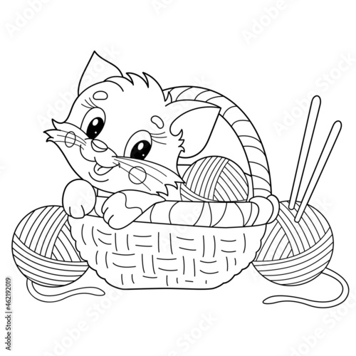 Coloring Page Outline Of cartoon little cat in basket with balls of yarn. Cute kitten. Pet. Coloring book for kids
