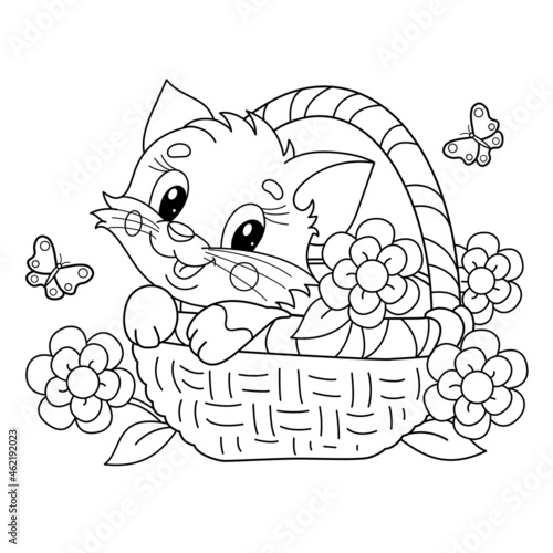 Coloring Page Outline Of cartoon little cat in flower basket. Fluffy gift. Cute kitten. Pet. Coloring book for kids
