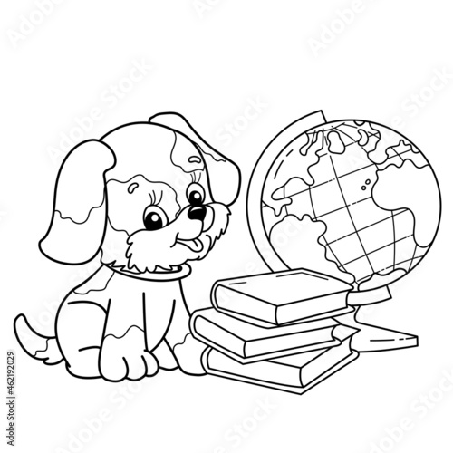 Coloring Page Outline Of cartoon little dog with school supplies. Cute puppy with globe and books. Coloring book for kids