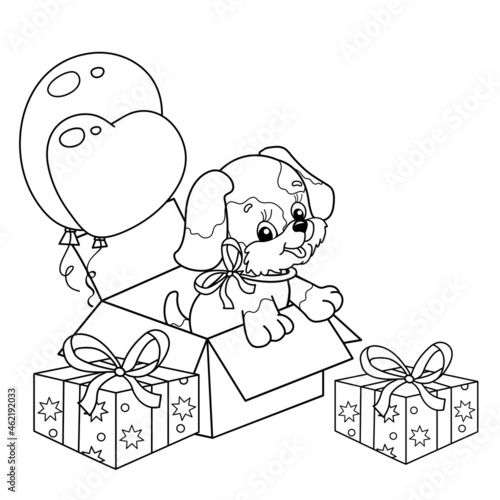 Coloring Page Outline Of cartoon little dog with presents and balloons. Cute puppy as a birthday gift. Pet. Coloring book for kids