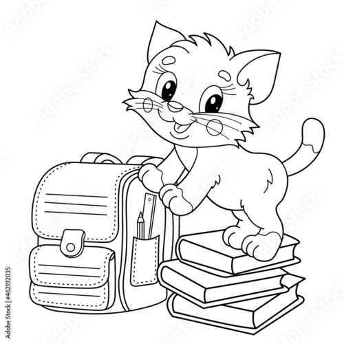 Coloring Page Outline Of cartoon little cat with school supplies. Cute kitten with satchel and books. Coloring book for kids