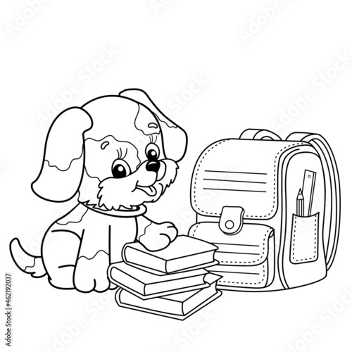 Coloring Page Outline Of cartoon little dog with school supplies. Cute puppy with satchel and books. Coloring book for kids