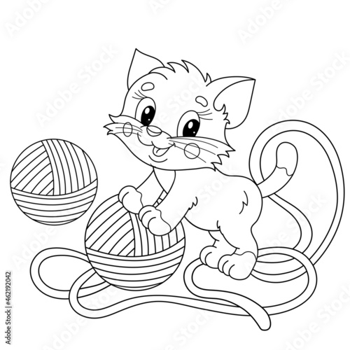 Coloring Page Outline Of cartoon little cat with balls of yarn. Cute playful kitten. Pet. Coloring book for kids