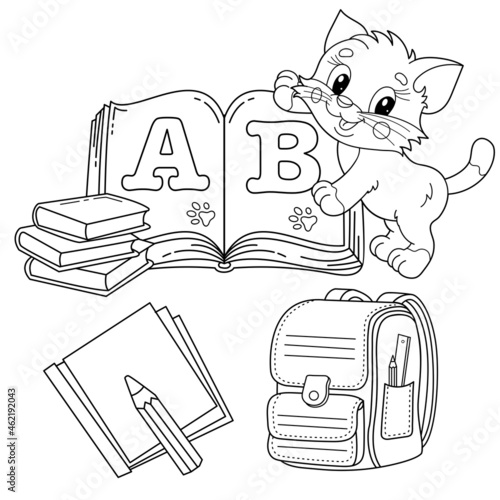 Coloring Page Outline Of cartoon little cat with school supplies. Cute kitten with satchel, books and textbooks. Alphabet and reading. Coloring book for kids