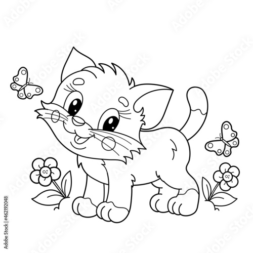 Coloring Page Outline Of cartoon little cat on flower clearing. Cute kitten with butterfly. Pet. Coloring book for kids