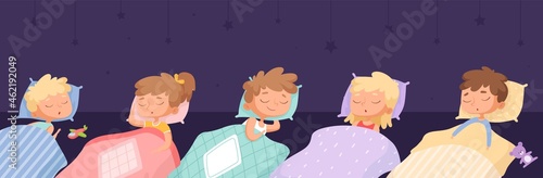 Sleepy kids. Cartoon children sleep, dreaming toddlers in kindergarten. Little boys girls and stars, bed time vector banner